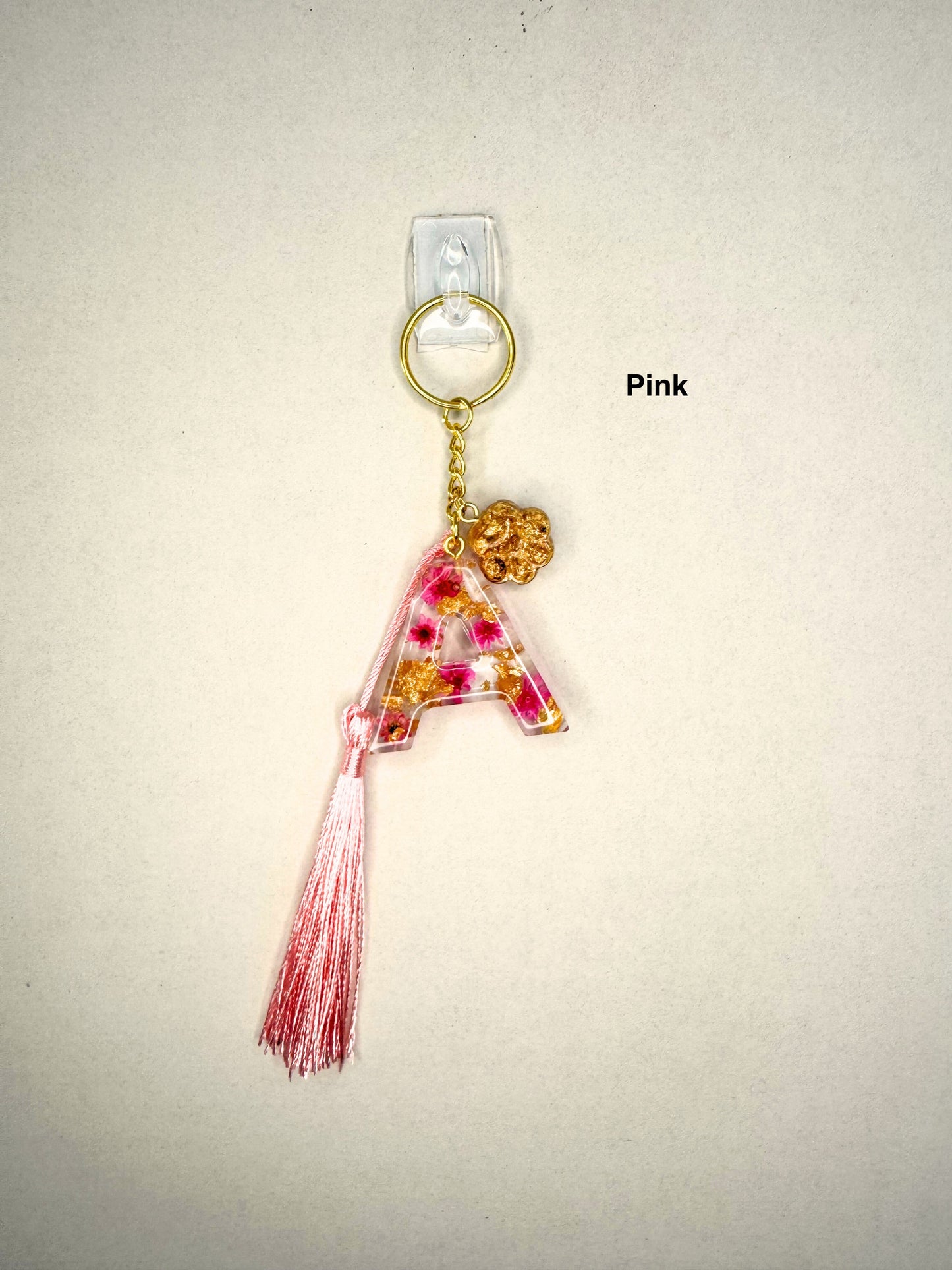 Set - Alphabet letter keychain with flowers and gold Tassel and pet paw charm