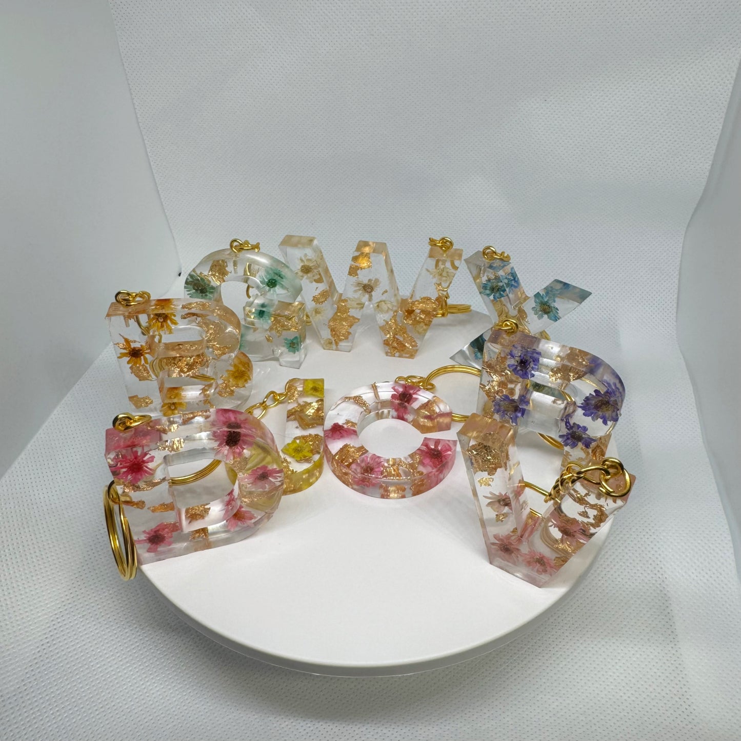 Alphabet letter keychain with flowers and gold