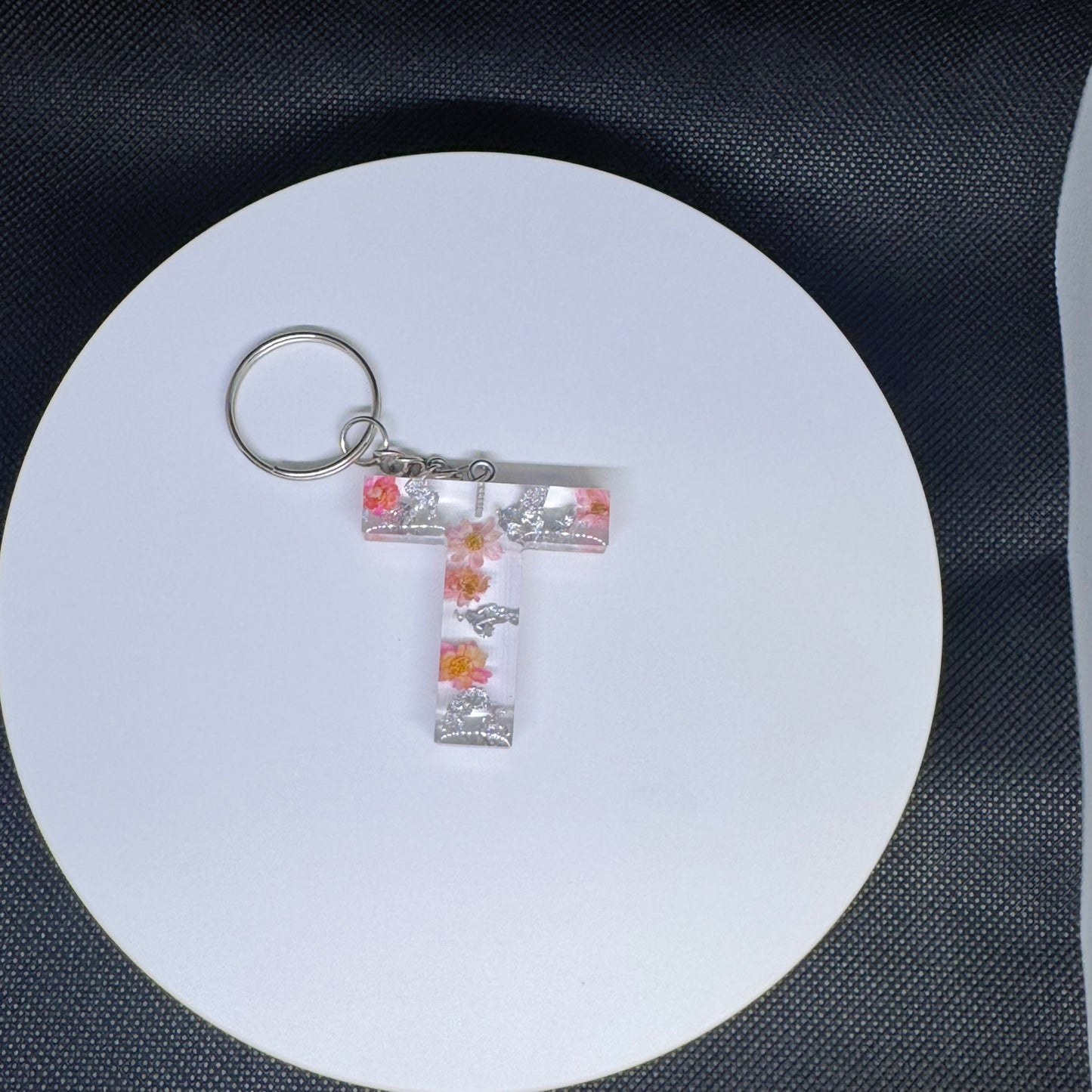 Alphabet letter keychain with flowers and silver foil