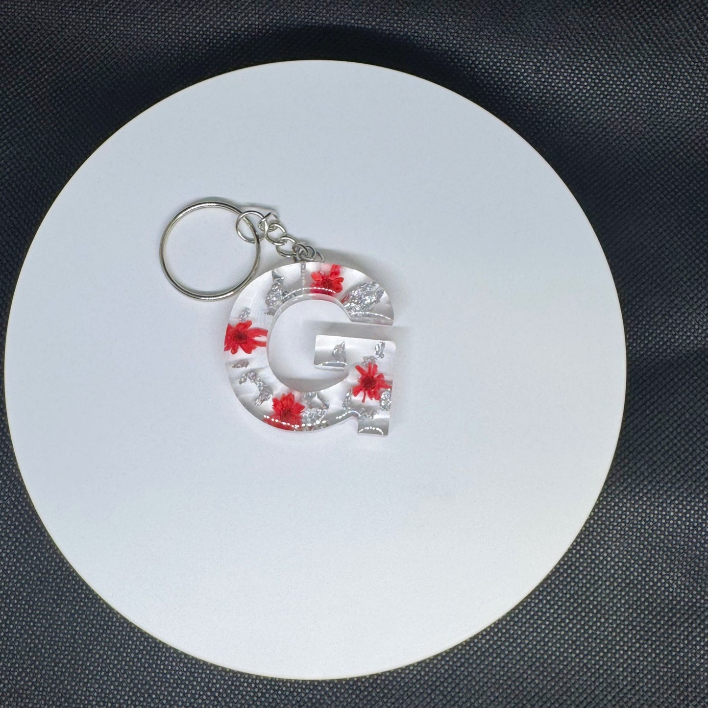 Alphabet letter keychain with flowers and silver foil