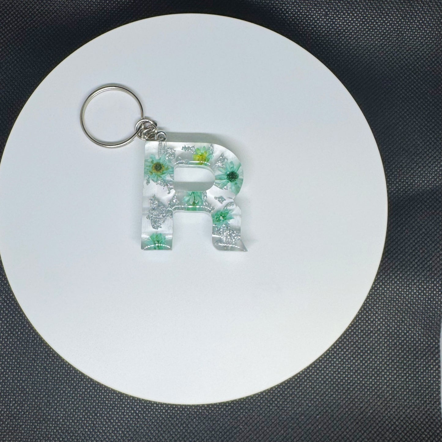 Alphabet letter keychain with flowers and silver foil
