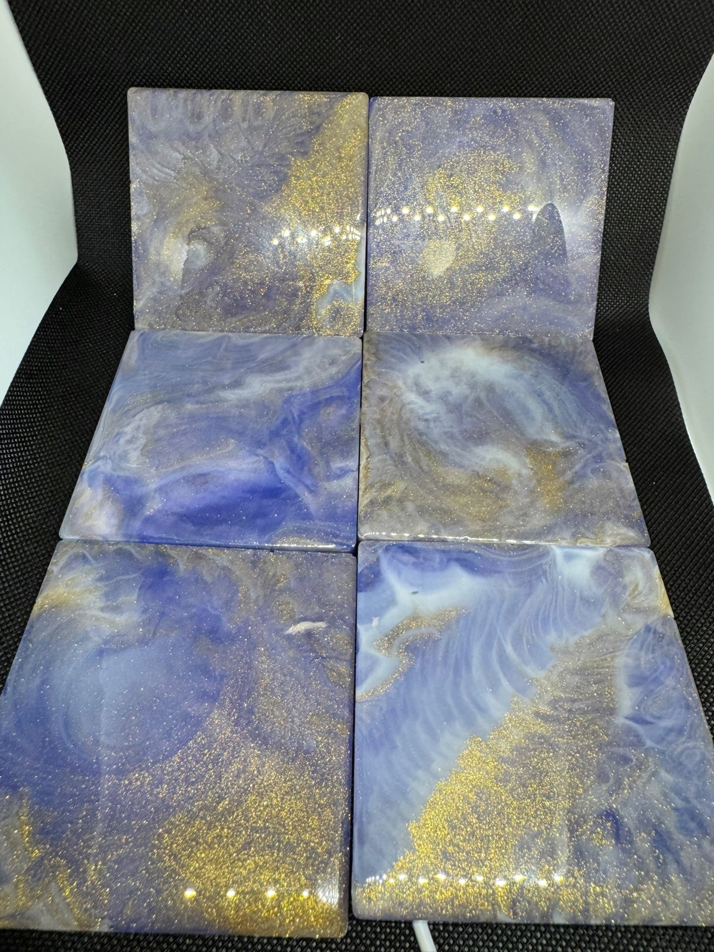 Celestial Epoxy Resin Coasters – Handmade Galaxy Blue & Gold Glitter Marble Effect – Set of 6