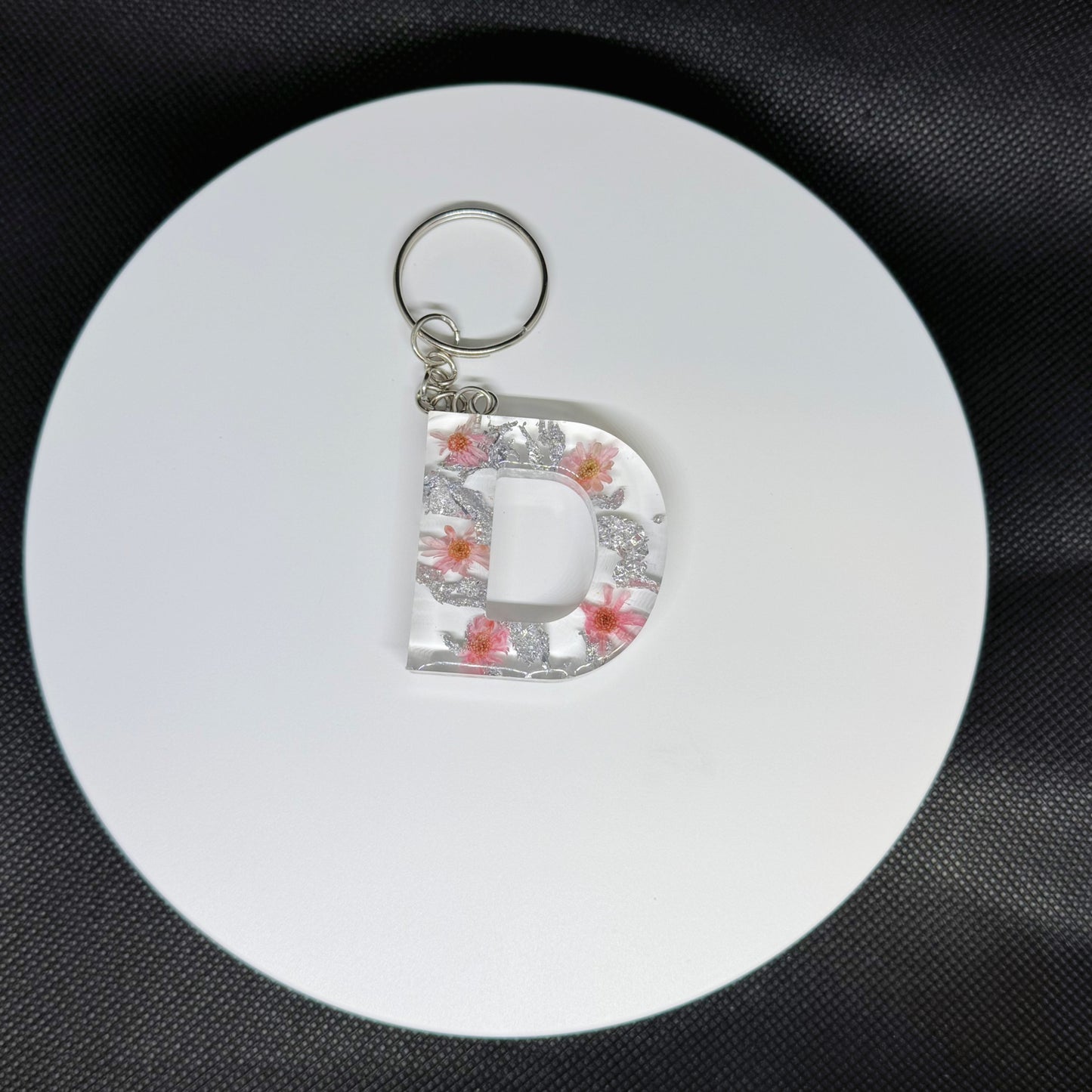 Alphabet letter keychain with flowers and silver foil