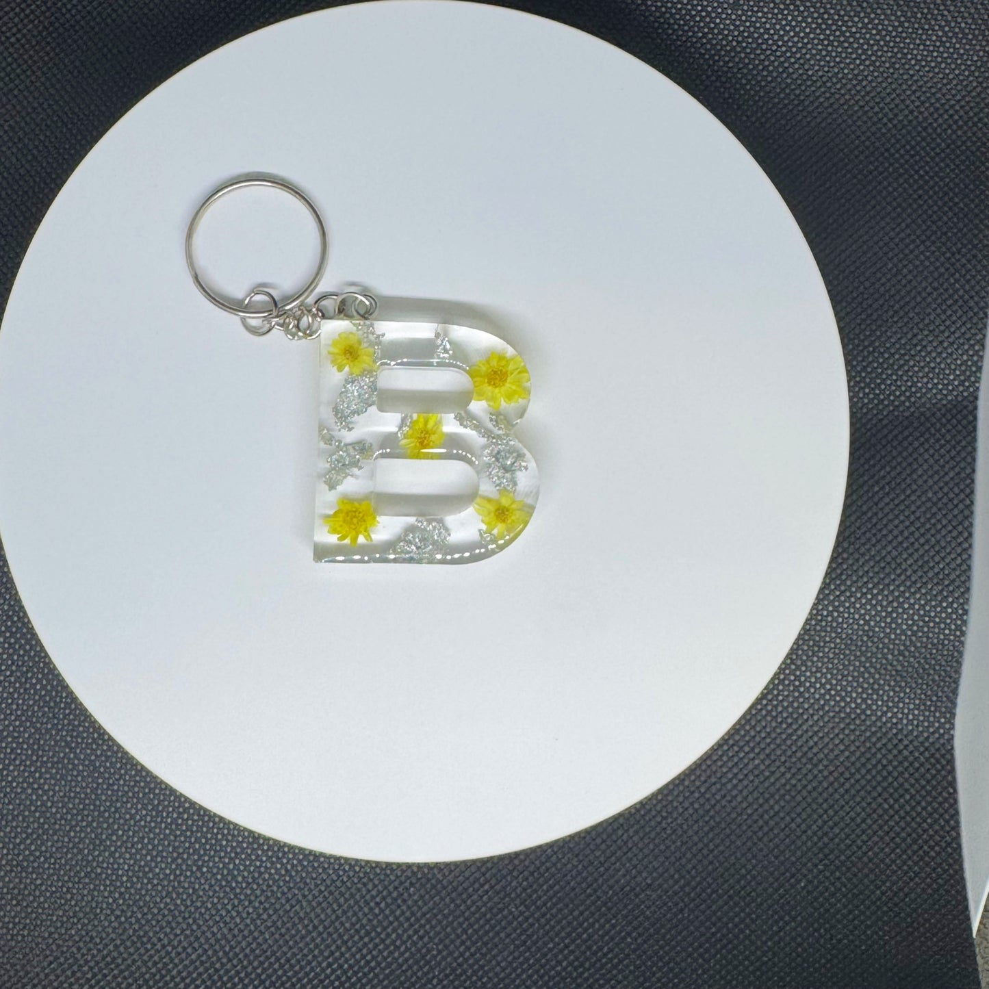 Alphabet letter keychain with flowers and silver foil