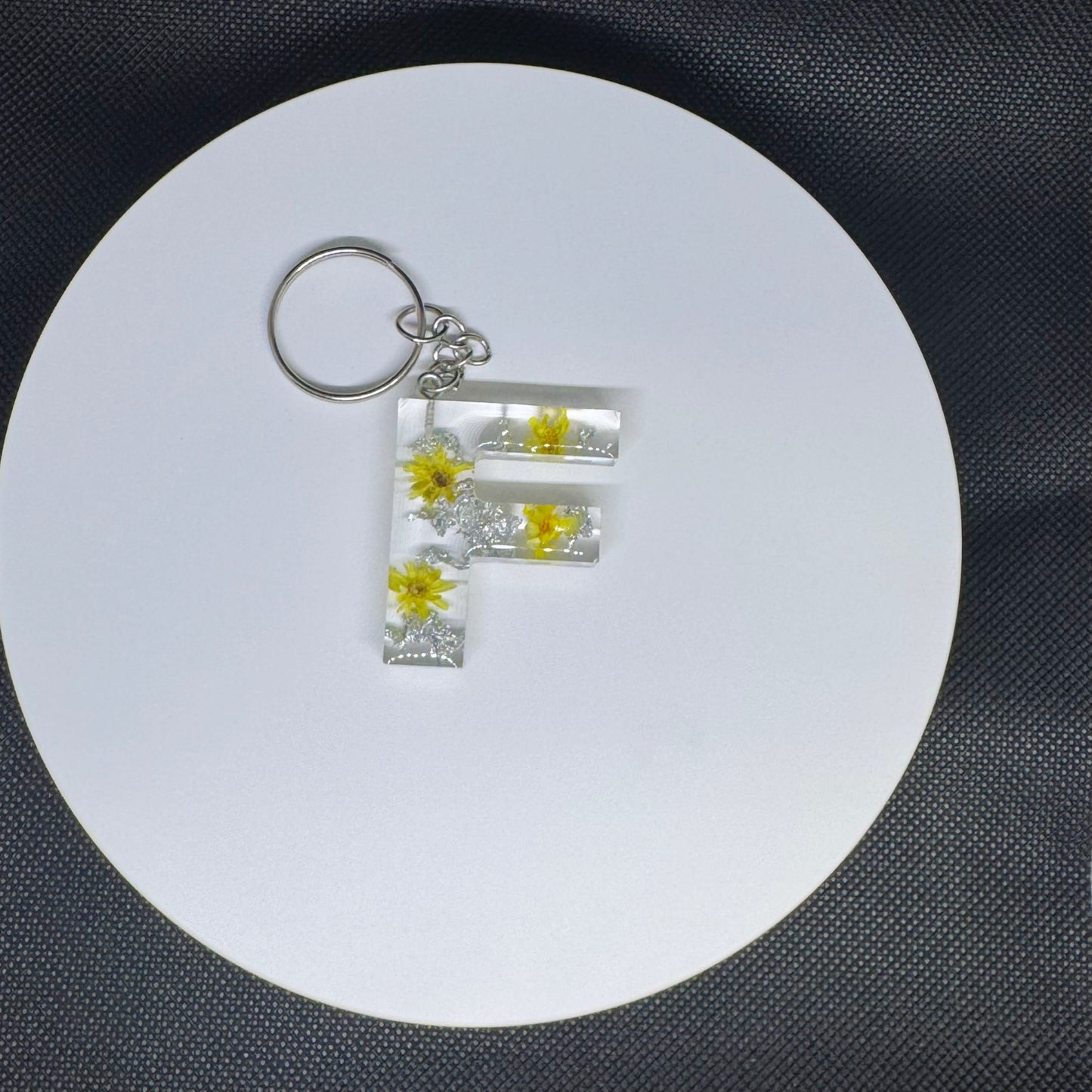 Alphabet letter keychain with flowers and silver foil