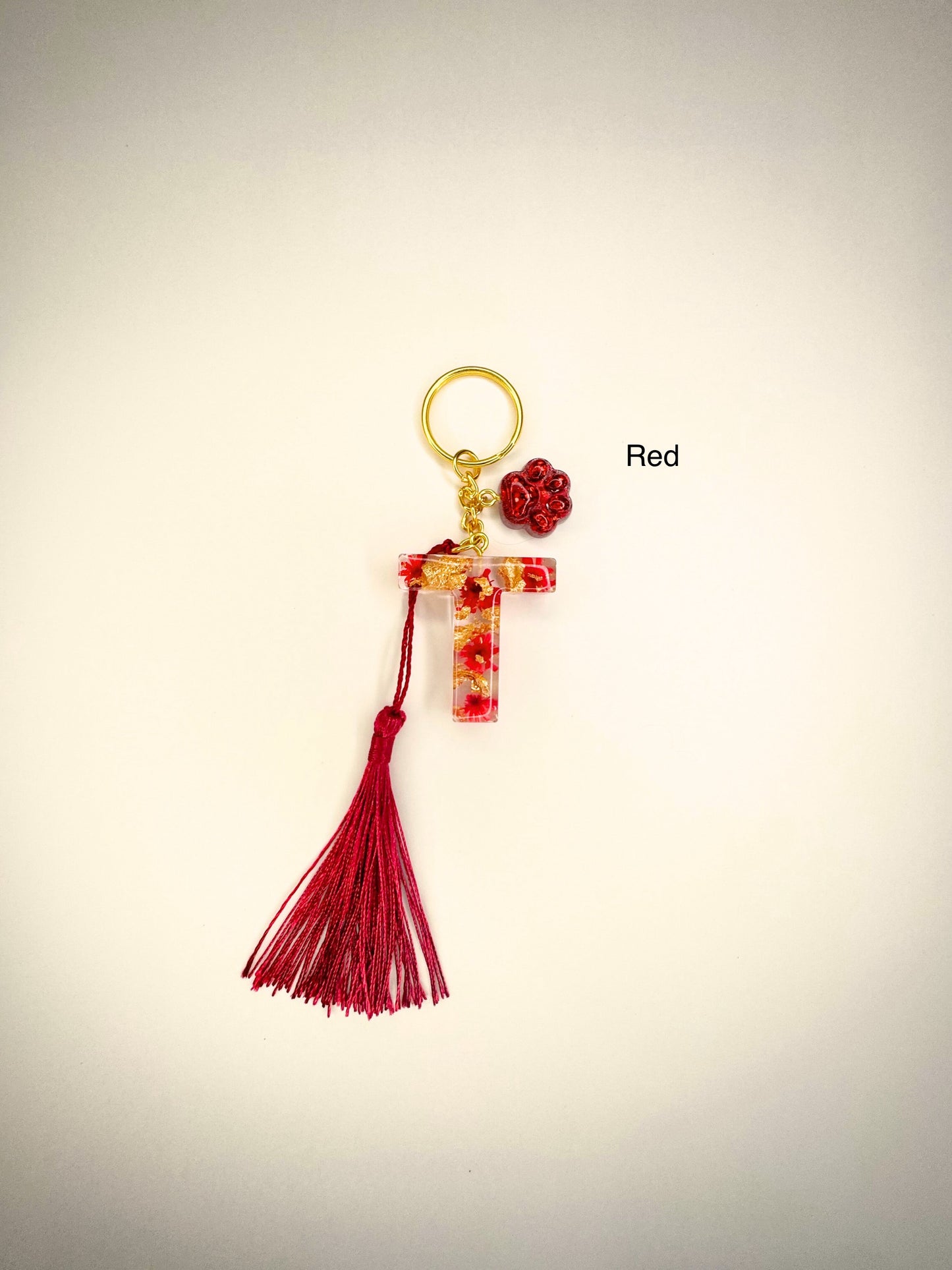 Set - Alphabet letter keychain with flowers and gold Tassel and pet paw charm