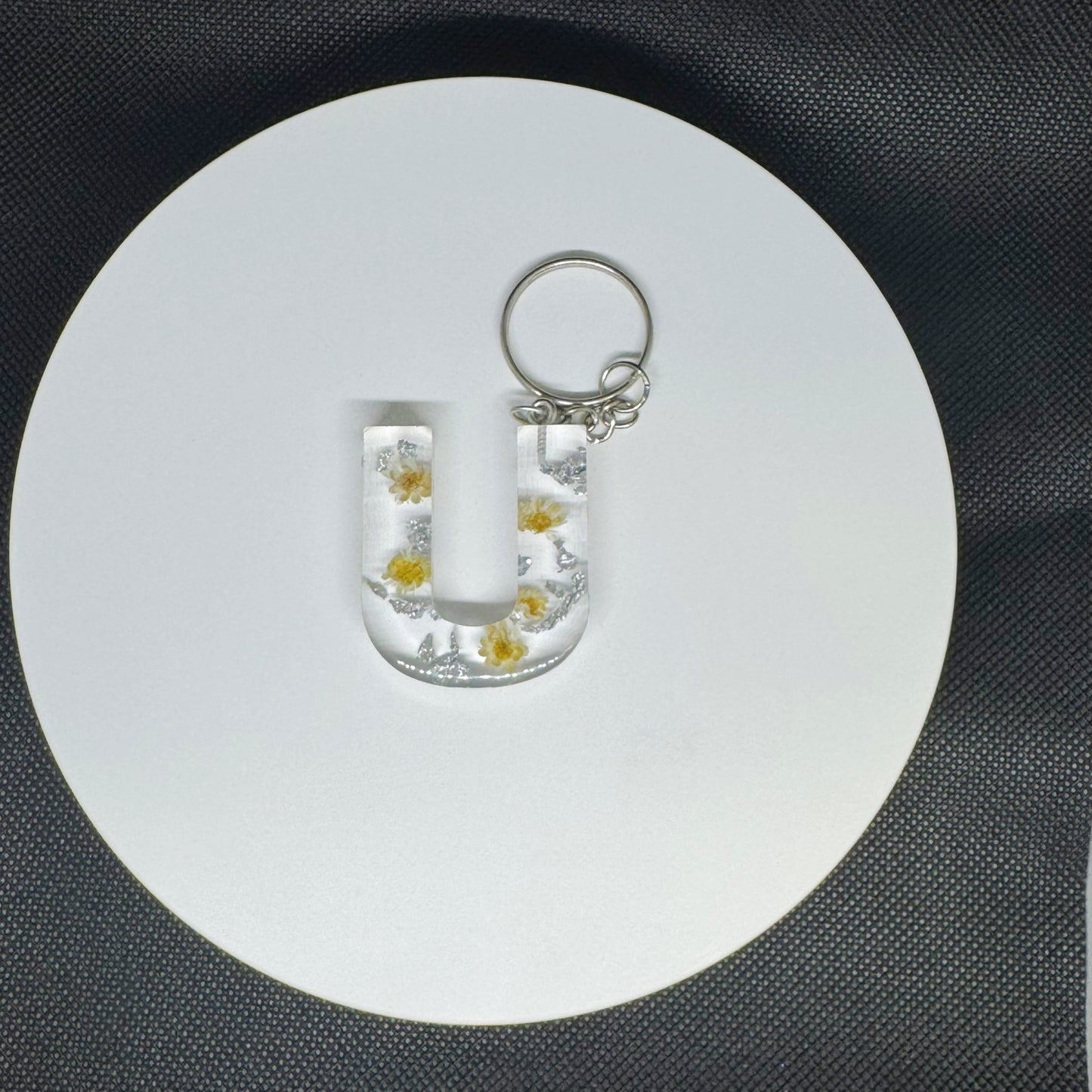 Alphabet letter keychain with flowers and silver foil