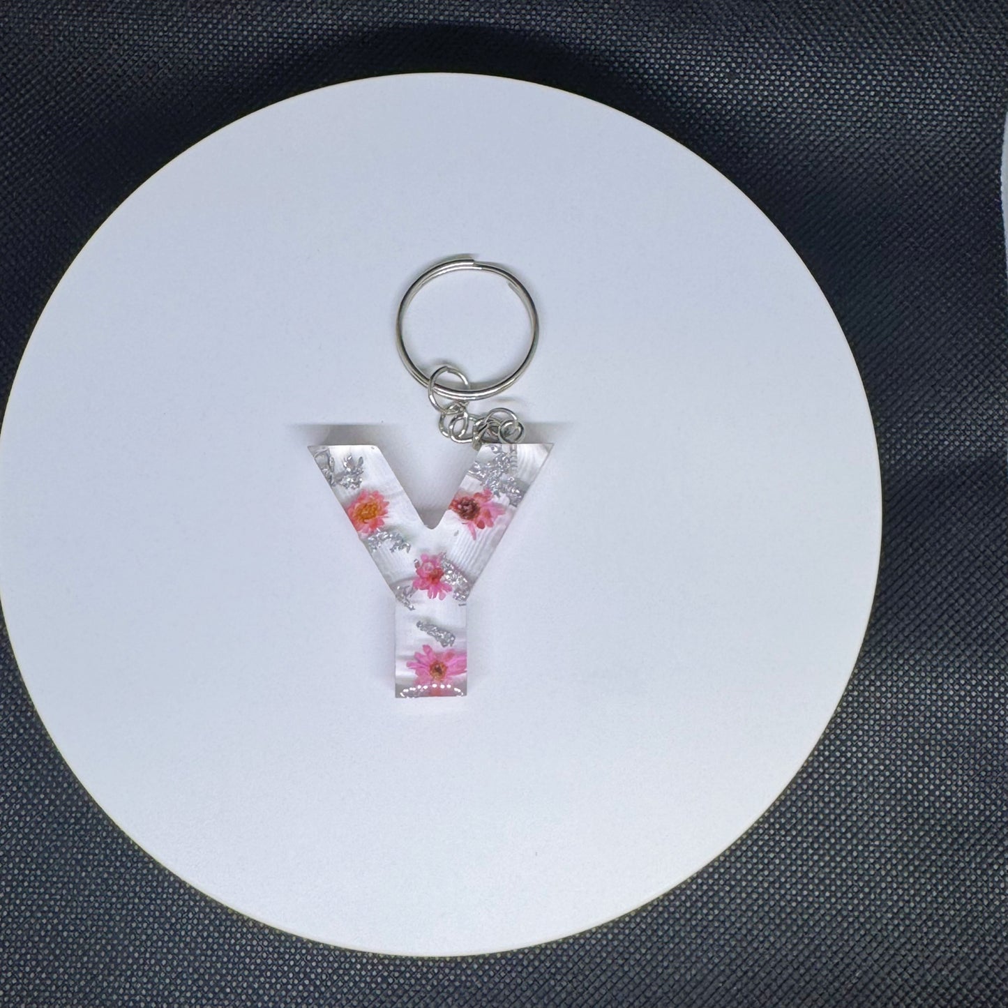 Alphabet letter keychain with flowers and silver foil