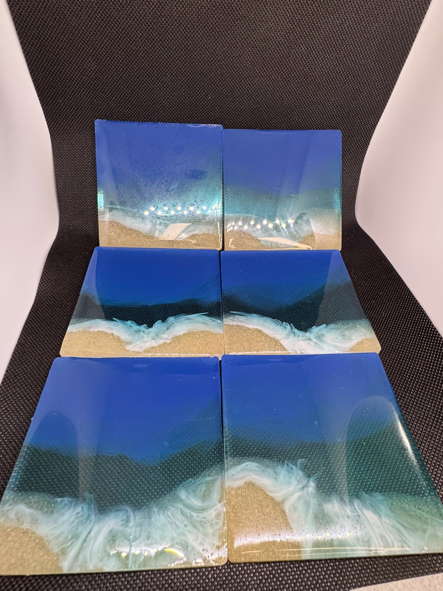 Handmade Ocean Resin Coasters – Beach-Inspired Epoxy Drink Coaster Set with Waves and Sand Effect- Set of 6