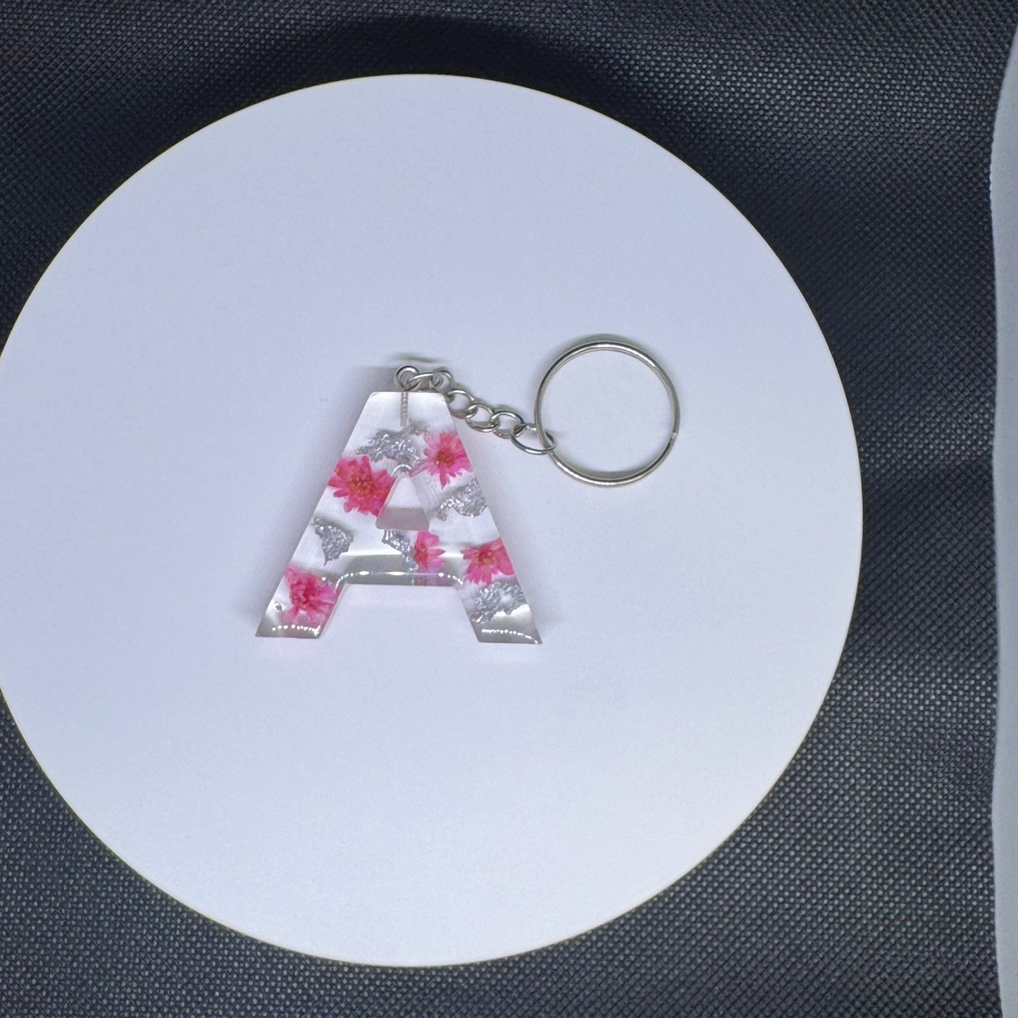 Alphabet letter keychain with flowers and silver foil