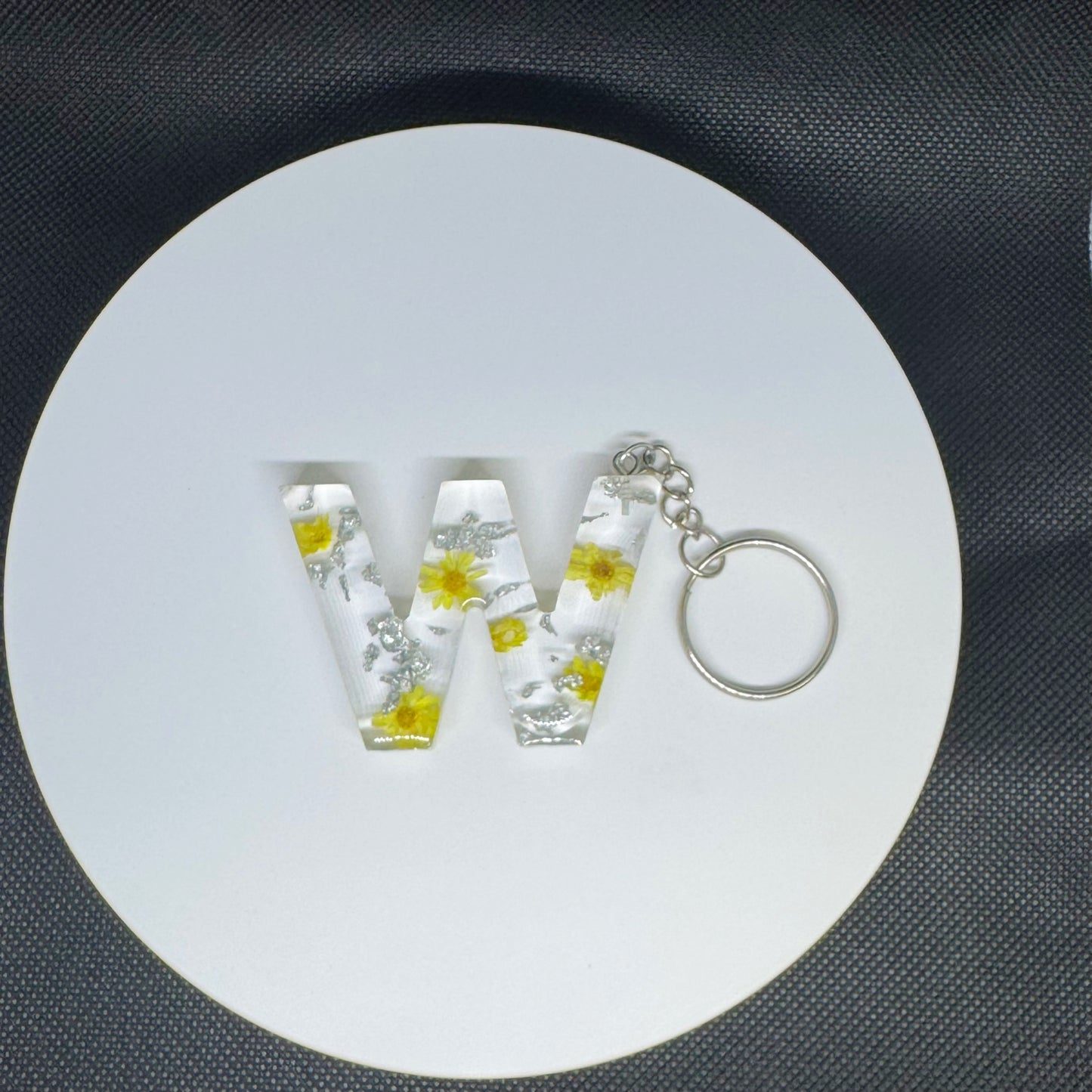 Alphabet letter keychain with flowers and silver foil