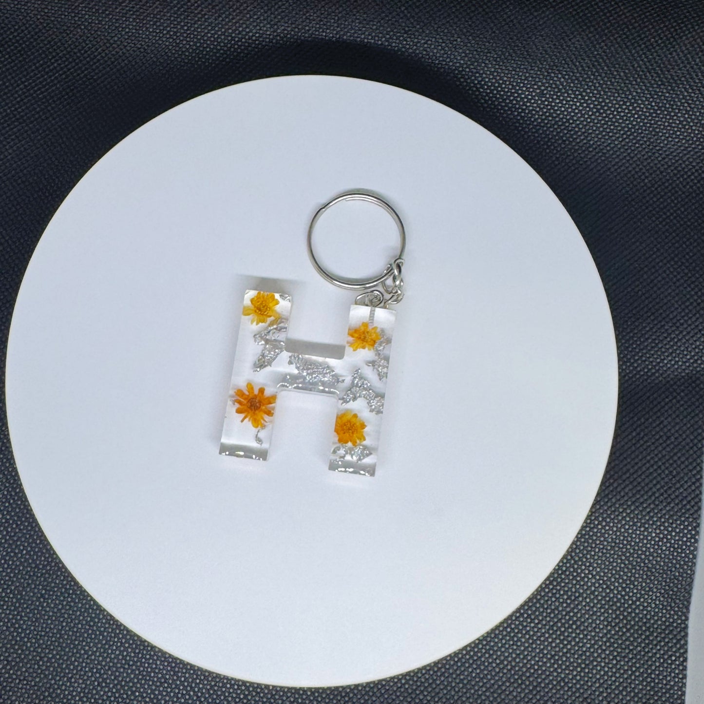 Alphabet letter keychain with flowers and silver foil