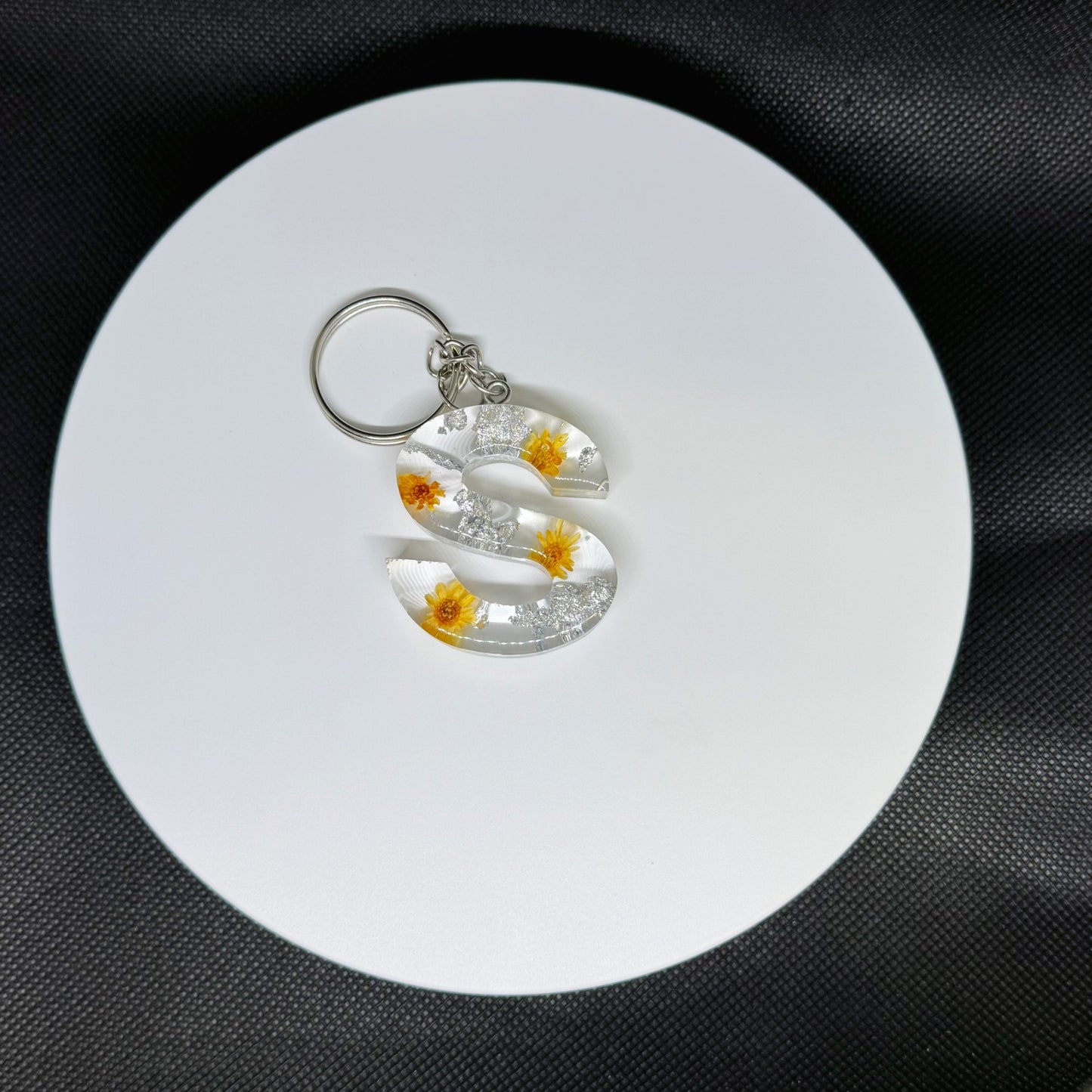Alphabet letter keychain with flowers and silver foil