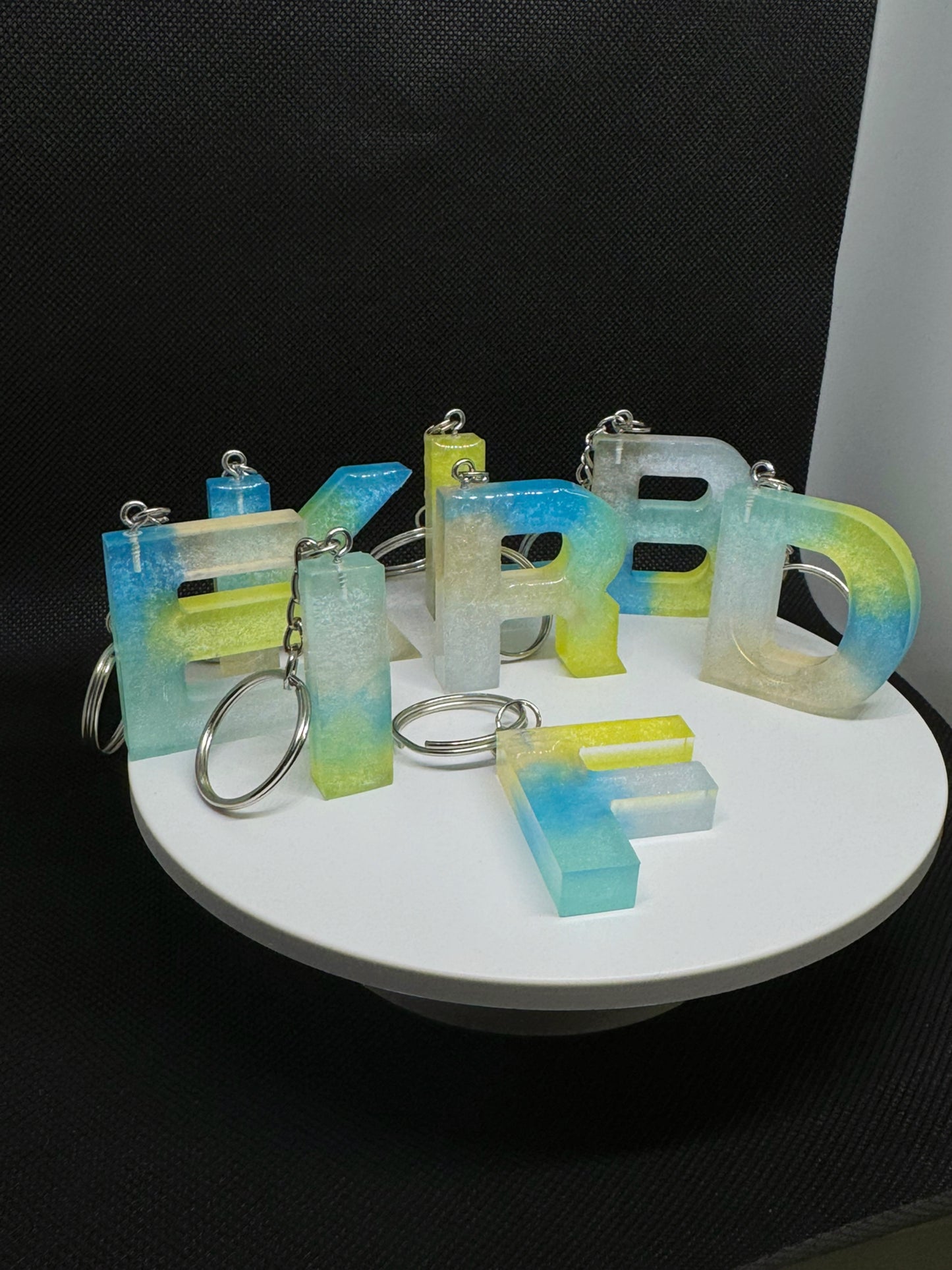 Ocean Breeze Resin Initial Keychains – Handmade Gradient Letters in Blue & Yellow