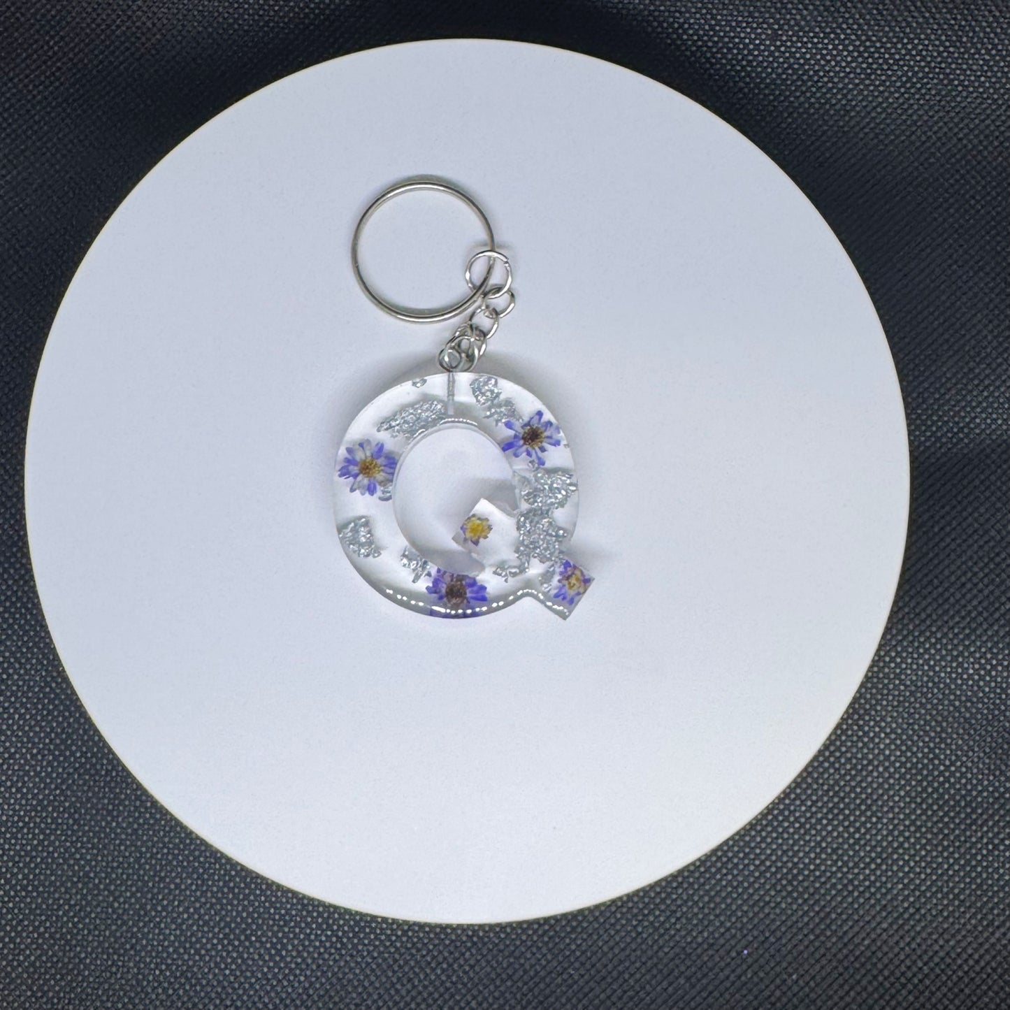 Alphabet letter keychain with flowers and silver foil