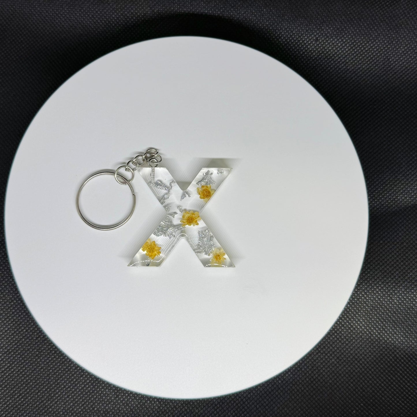 Alphabet letter keychain with flowers and silver foil