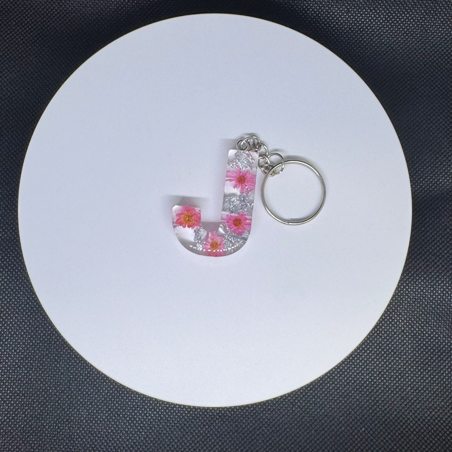 Alphabet letter keychain with flowers and silver foil