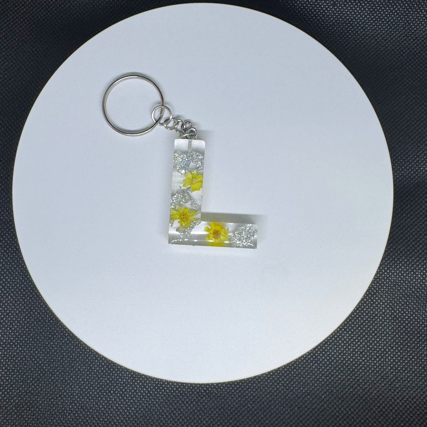 Alphabet letter keychain with flowers and silver foil