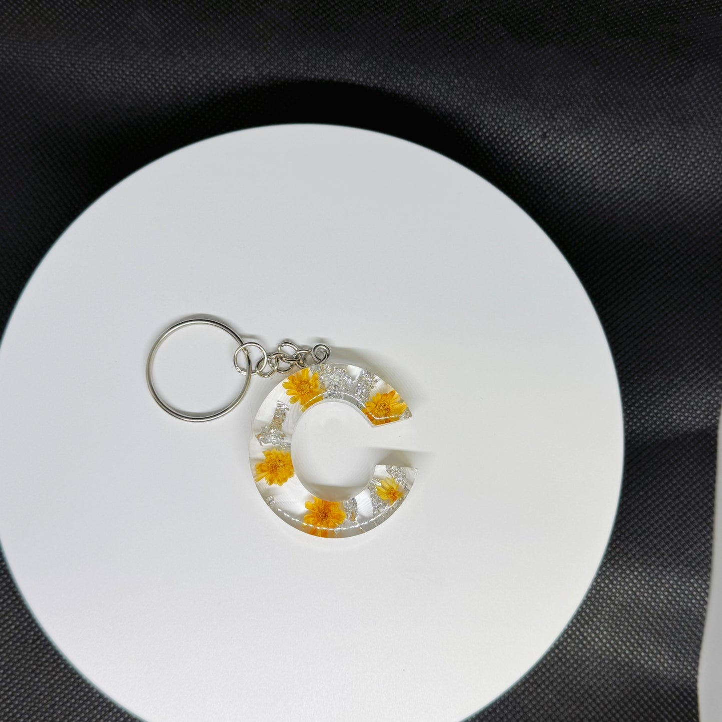 Alphabet letter keychain with flowers and silver foil