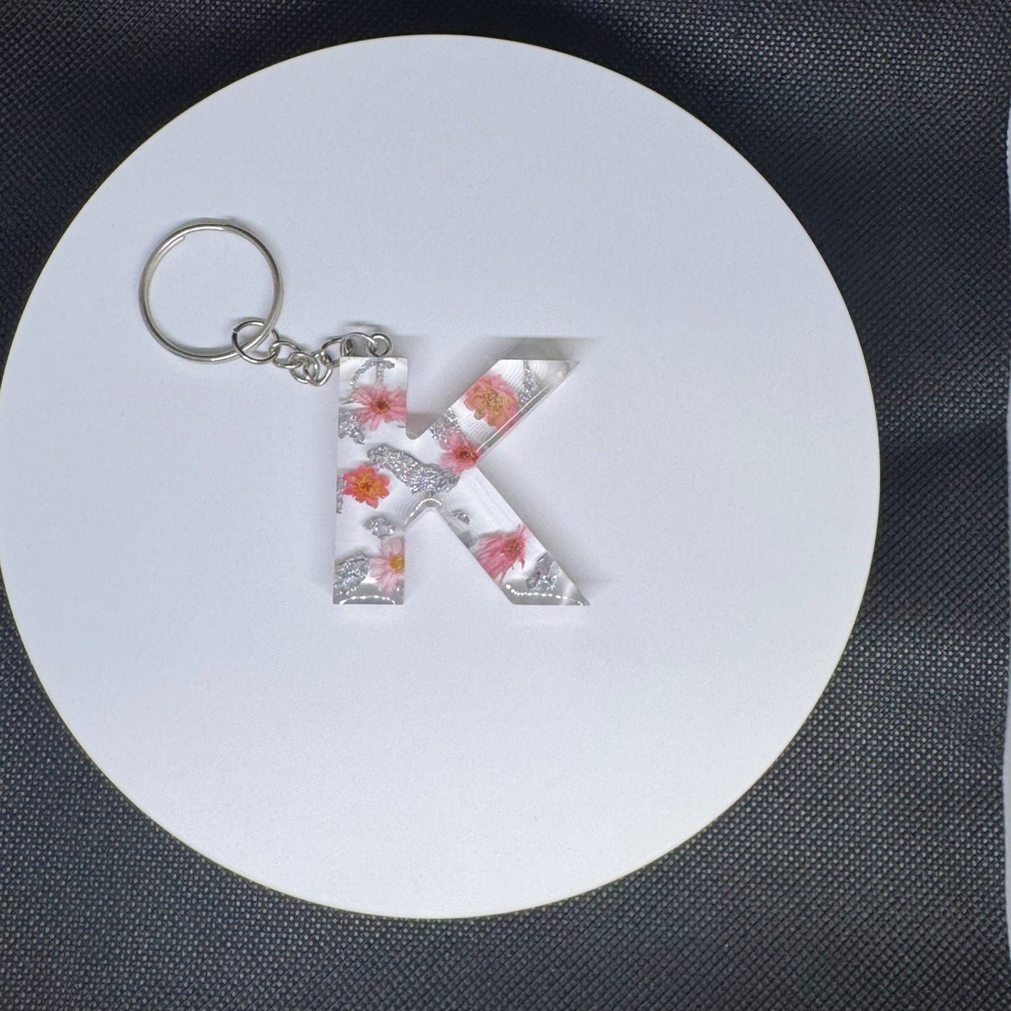 Alphabet letter keychain with flowers and silver foil