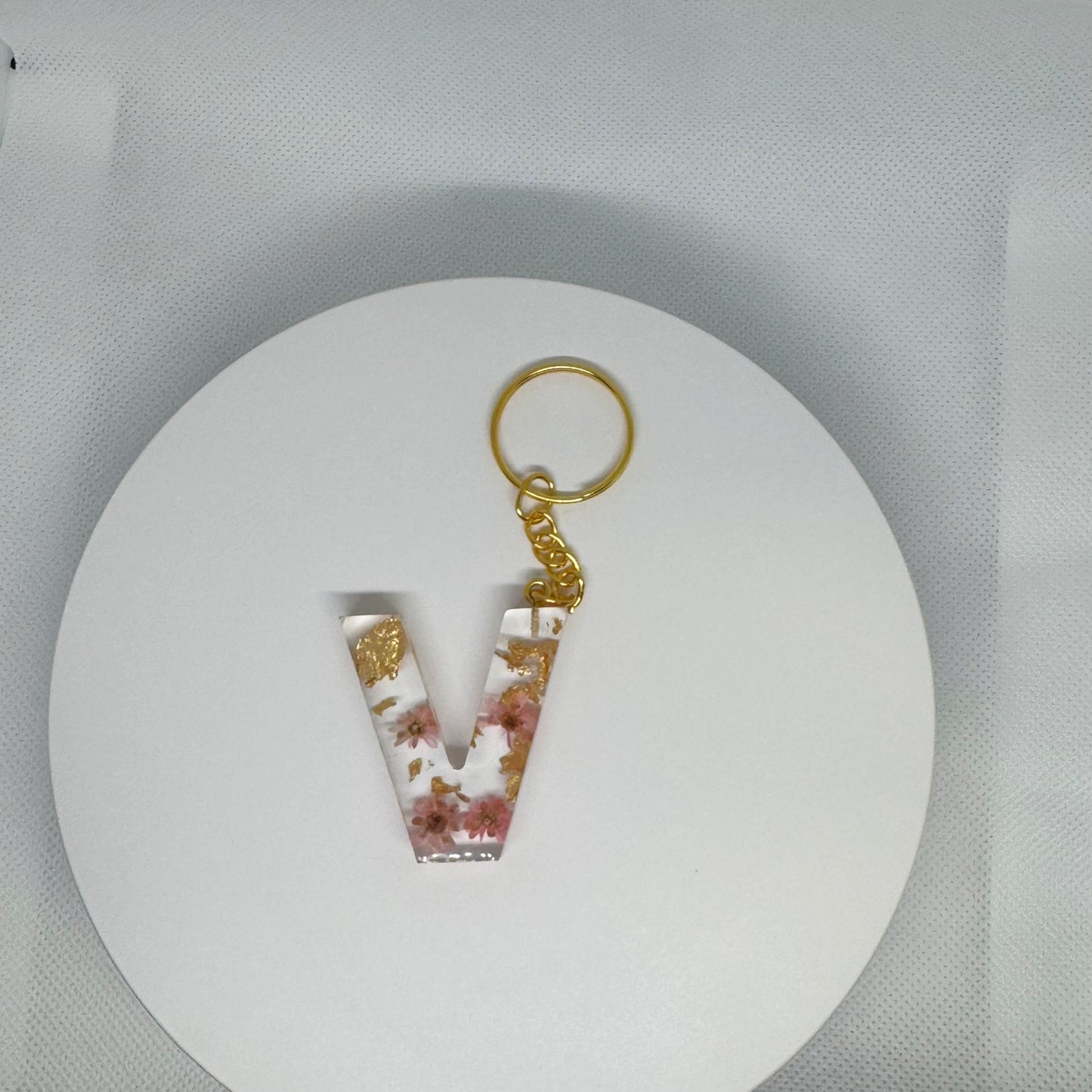 Alphabet letter keychain with flowers and gold