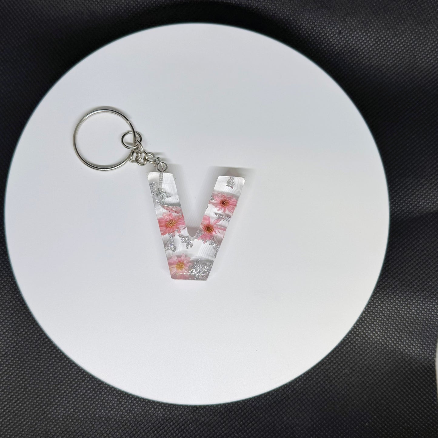 Alphabet letter keychain with flowers and silver foil