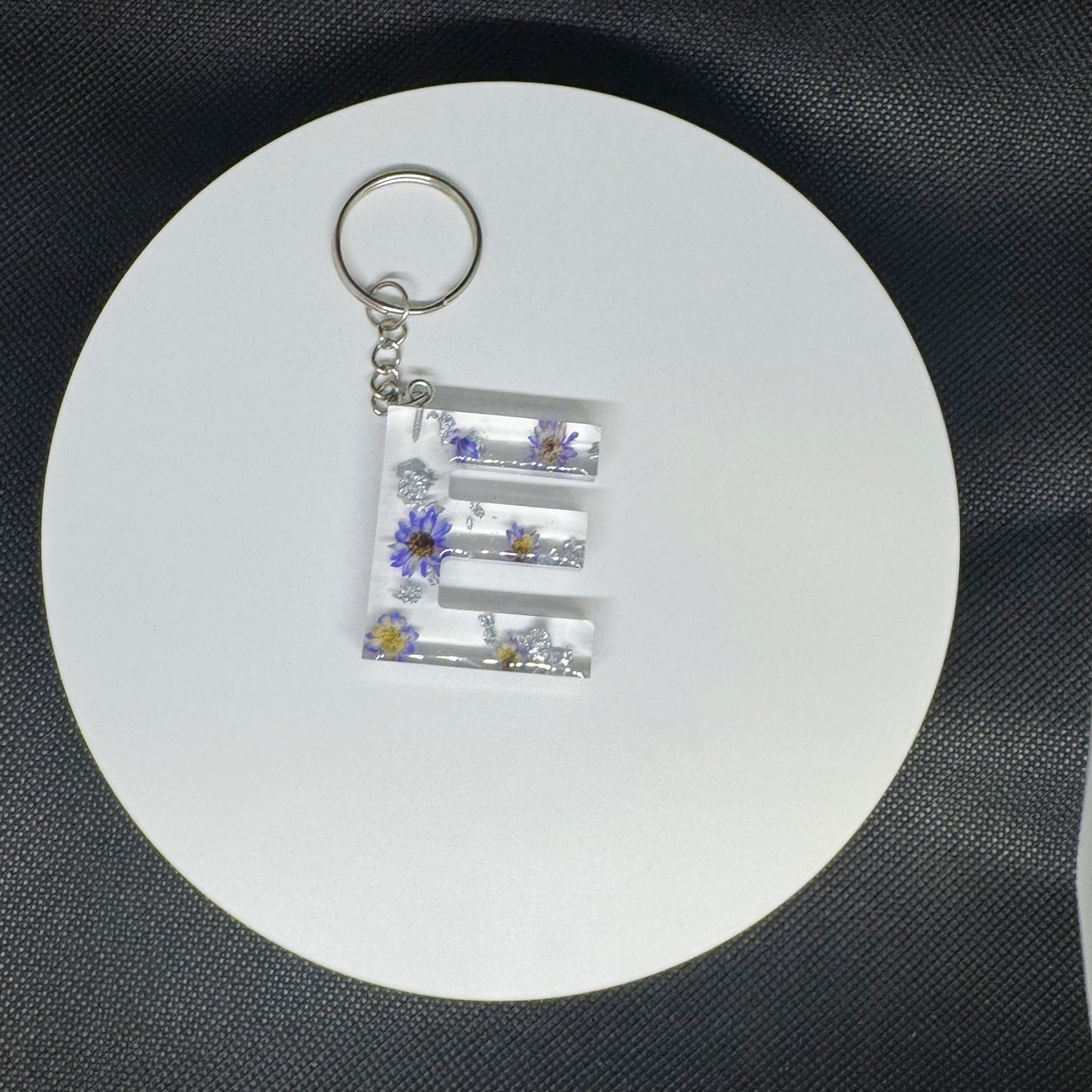 Alphabet letter keychain with flowers and silver foil