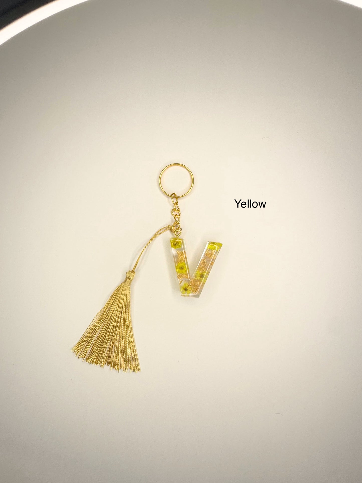 Set - Alphabet letter keychain with flowers and gold Tassel and pet paw charm