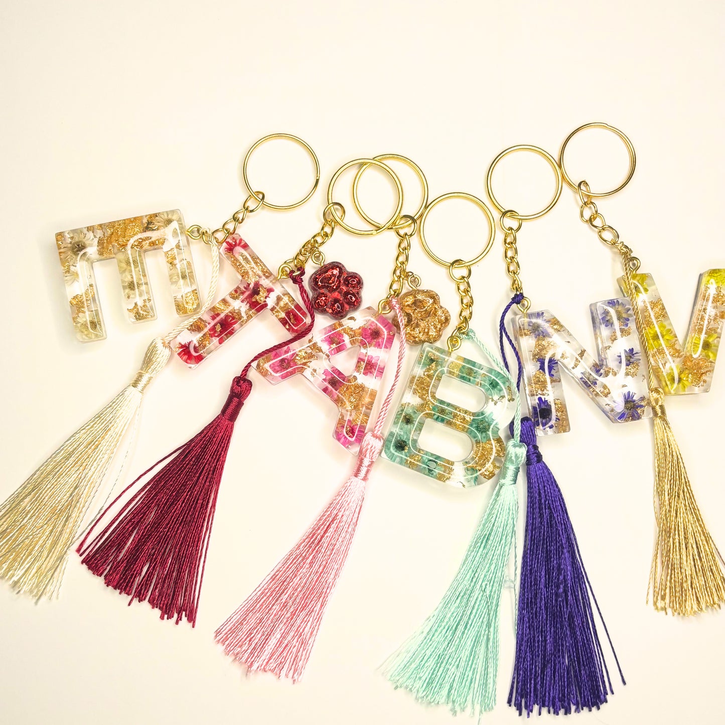 Set - Alphabet letter keychain with flowers and gold Tassel and pet paw charm